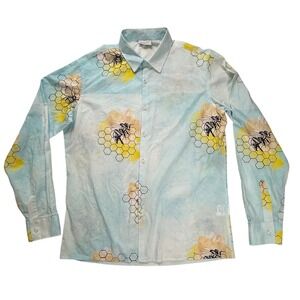 Family First Milano Mens Bee Honeycomb Graphic Print Button Down Shirt‎ Blue L